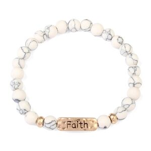 Faith Natural Stone Stretch Bracelet Religious Jewelry Marbled Beads White Gold